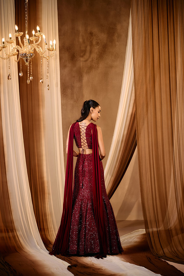 Maroon Embroidered Fish cut Lehenga set