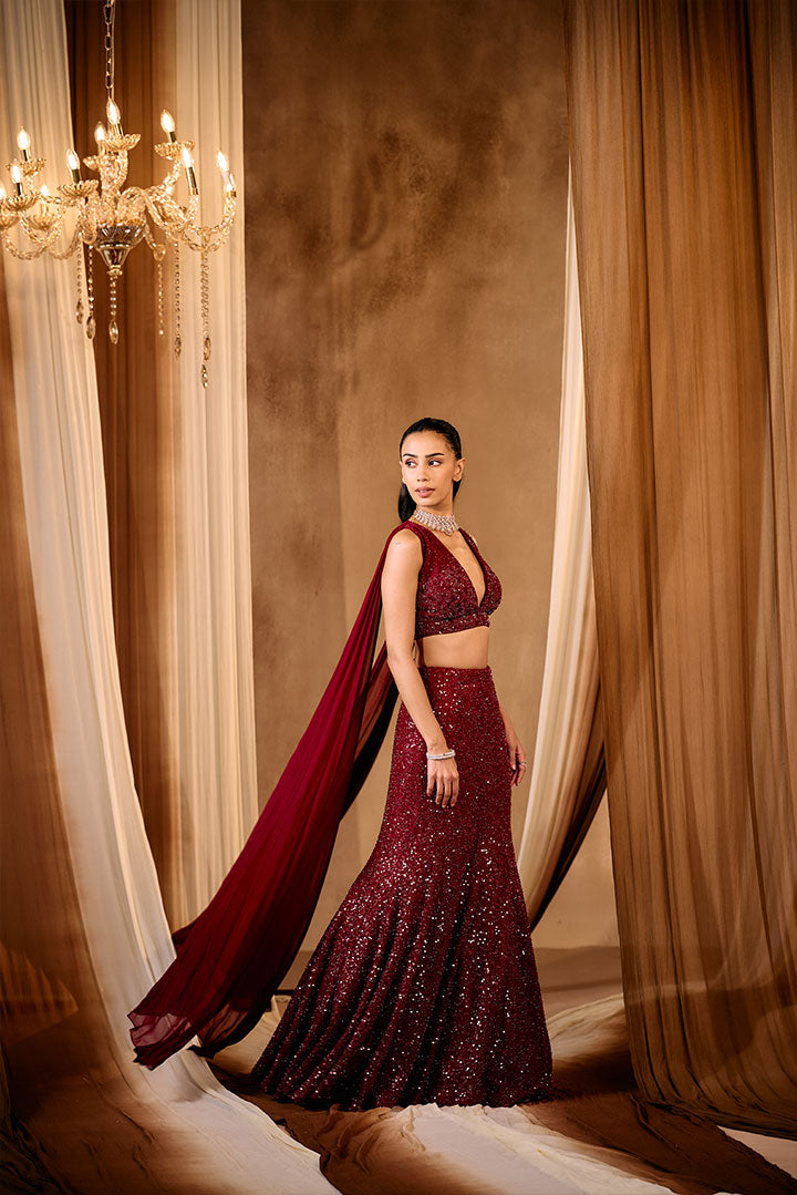 Maroon Embroidered Fish cut Lehenga set