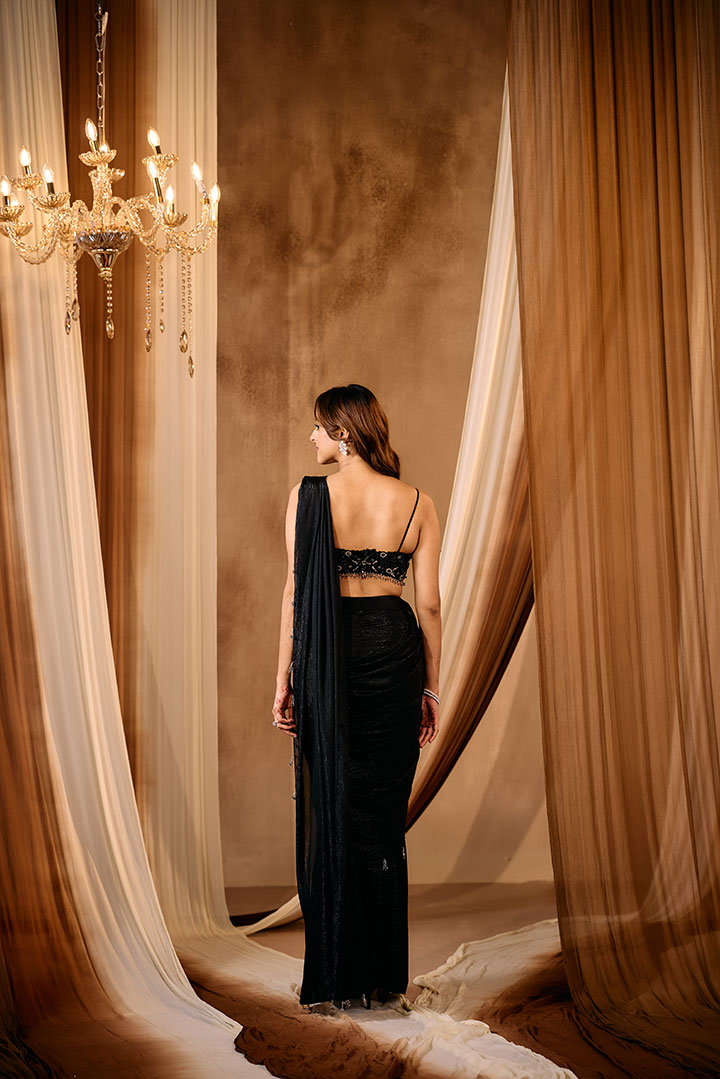 Black shimmer Pre draped Saree with Embroidered Blouse