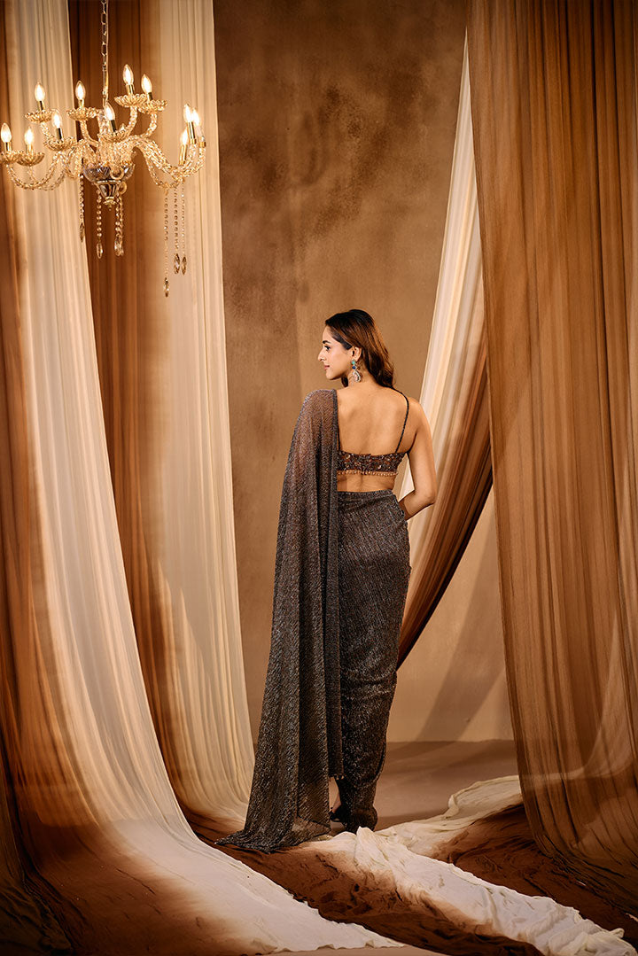 Copper Bronze cocktail pre Draped saree with embroidered blouse