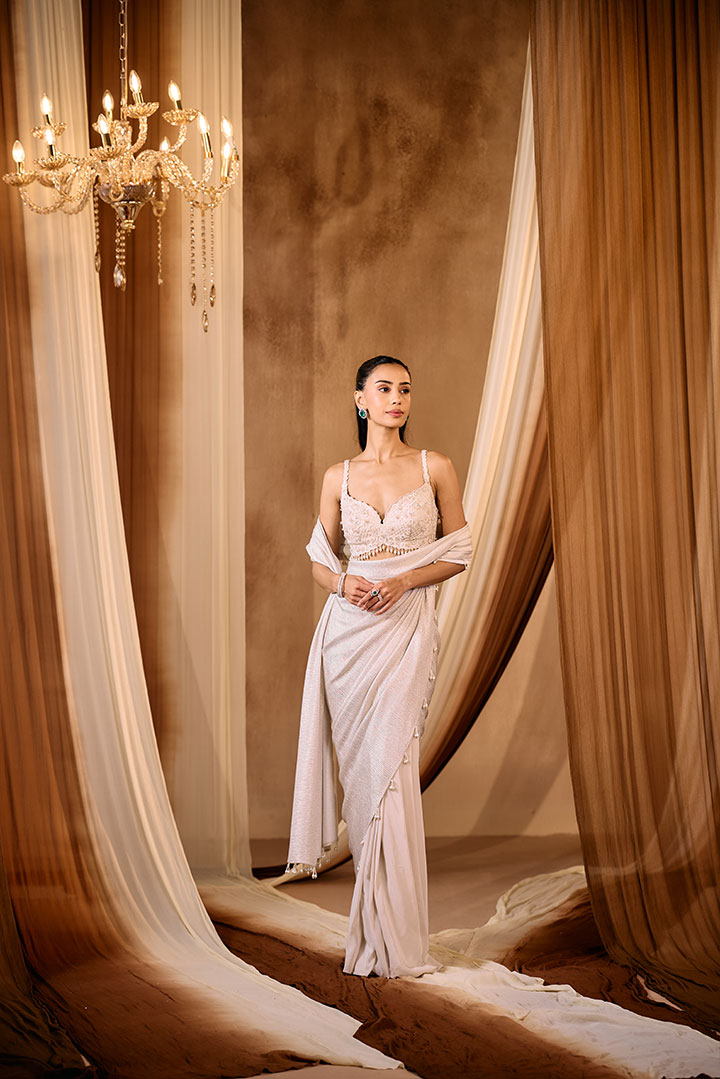 Elegant Ivory Gold Draped saree