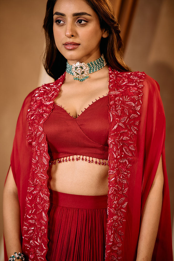Ruby Red Pleated lehenga skirt with blouse and cape