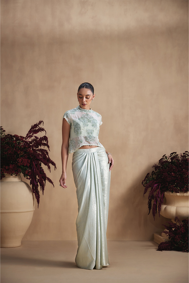 Sage Pearl Draped Skirt Set