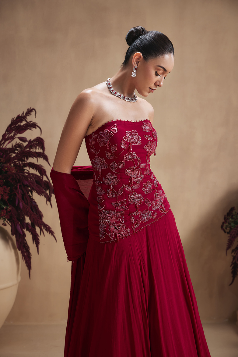 Maroon Bloom Top and Lehenga set