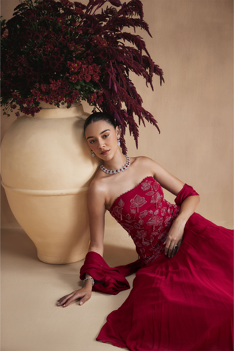 Maroon Bloom Top and Lehenga set