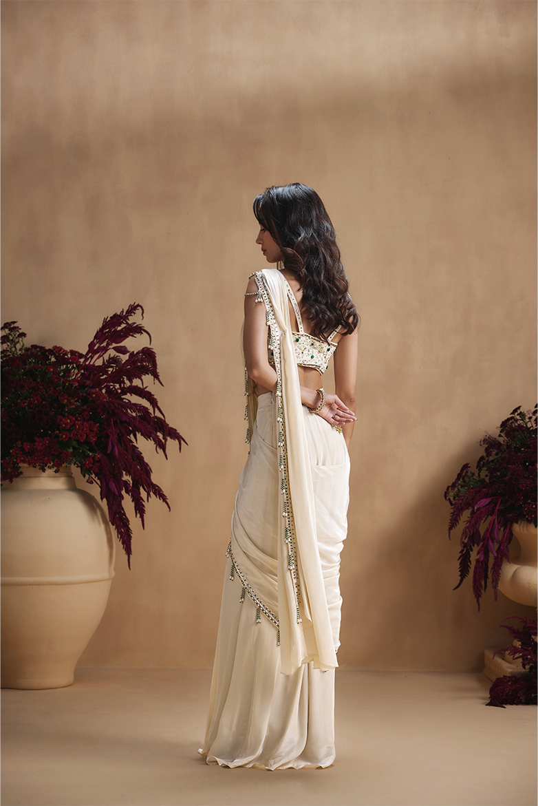 Ivory Emerald Embellished Pre-Draped Saree Set