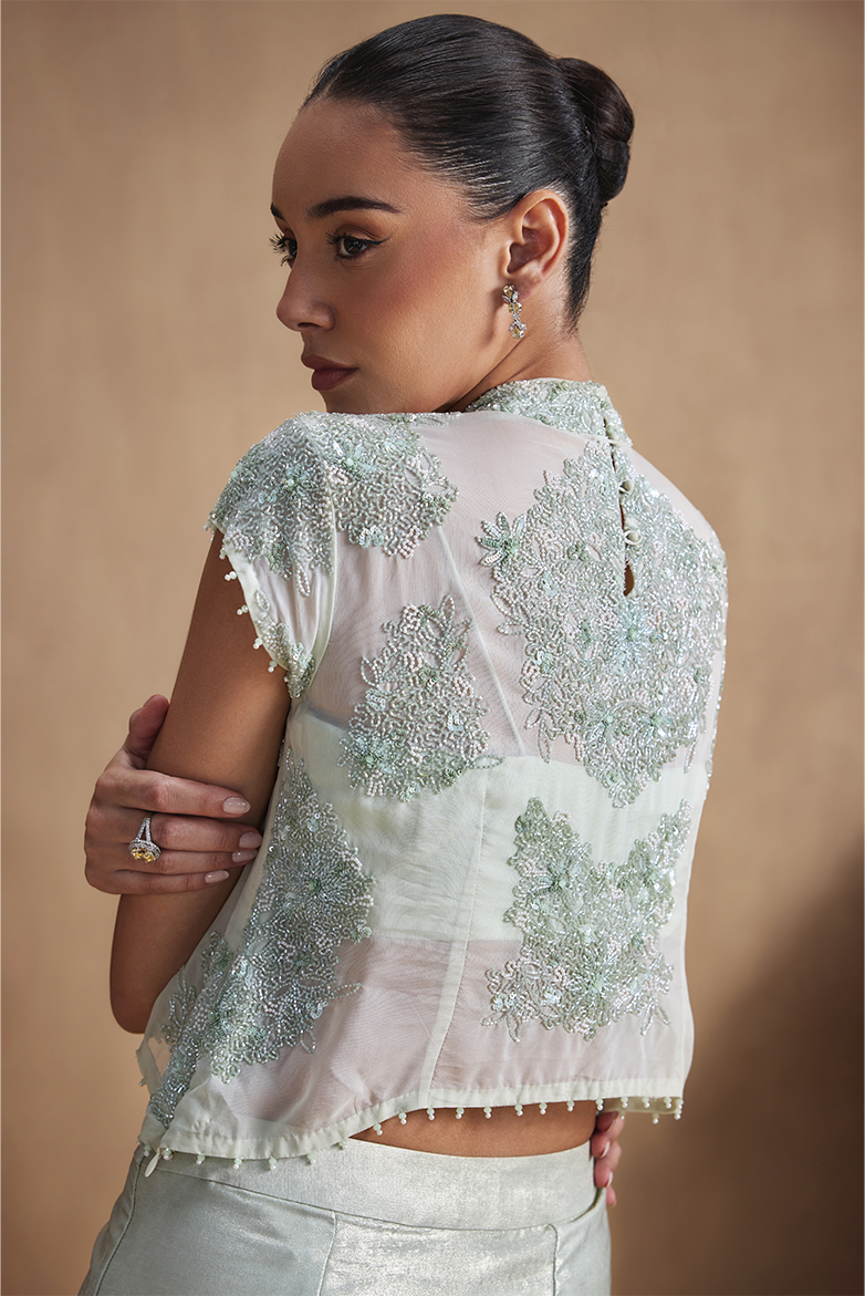 Sage Pearl Draped Skirt Set