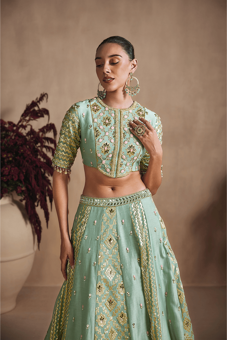Sage Green Embroidered Lehenga Set with Dupatta