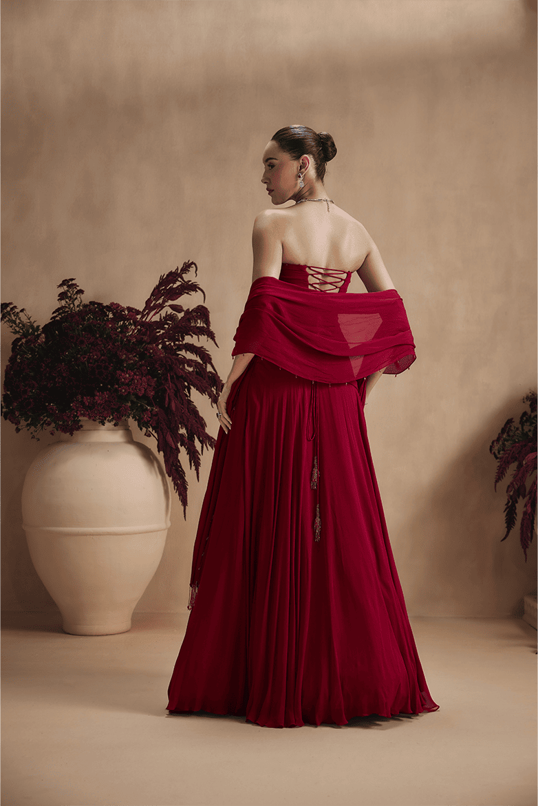 Maroon Bloom Top and Lehenga set