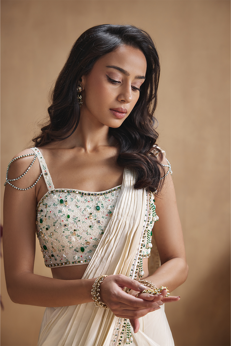 Ivory Emerald Embellished Pre-Draped Saree Set