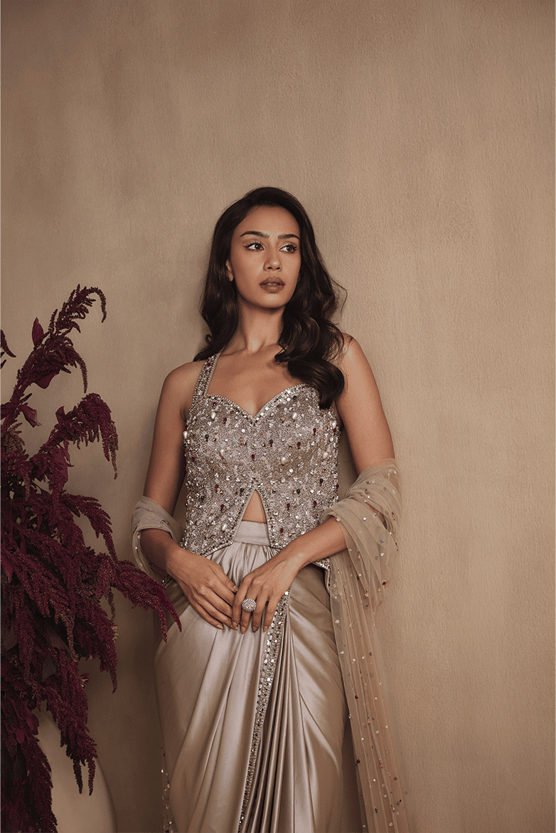 Champagne Stardust Draped skirt Set