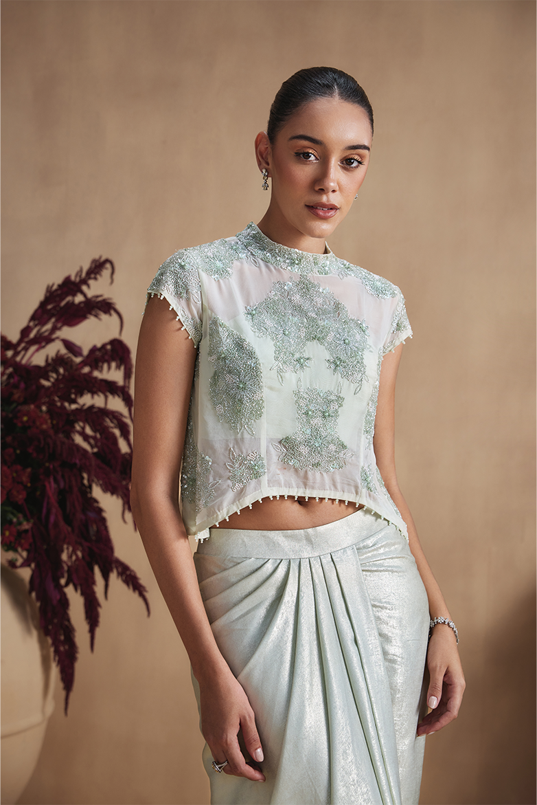 Sage Pearl Draped Skirt Set