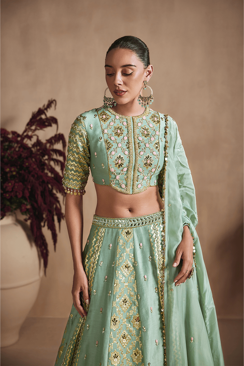 Sage Green Embroidered Lehenga Set with Dupatta
