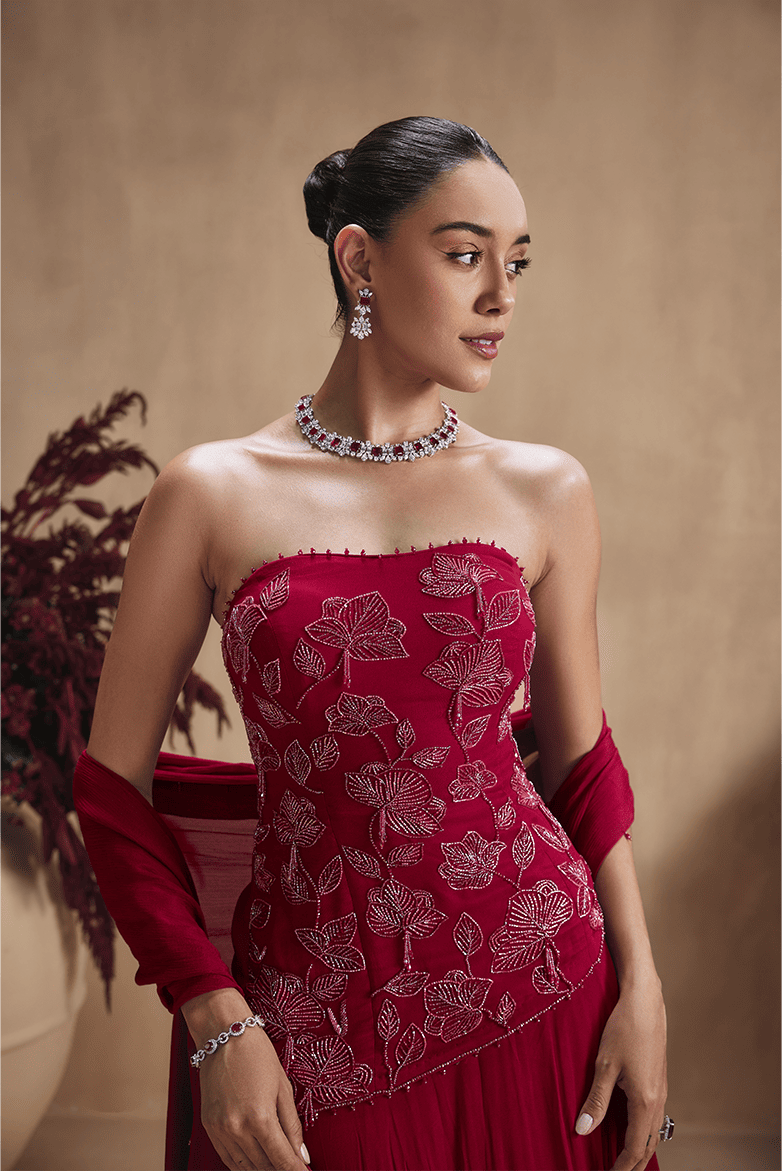 Maroon Bloom Top and Lehenga set