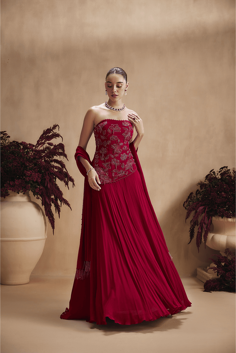 Maroon Bloom Top and Lehenga set