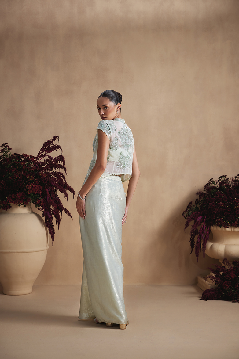 Sage Pearl Draped Skirt Set