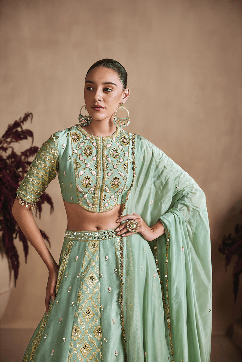 Sage Green Embroidered Lehenga Set with Dupatta