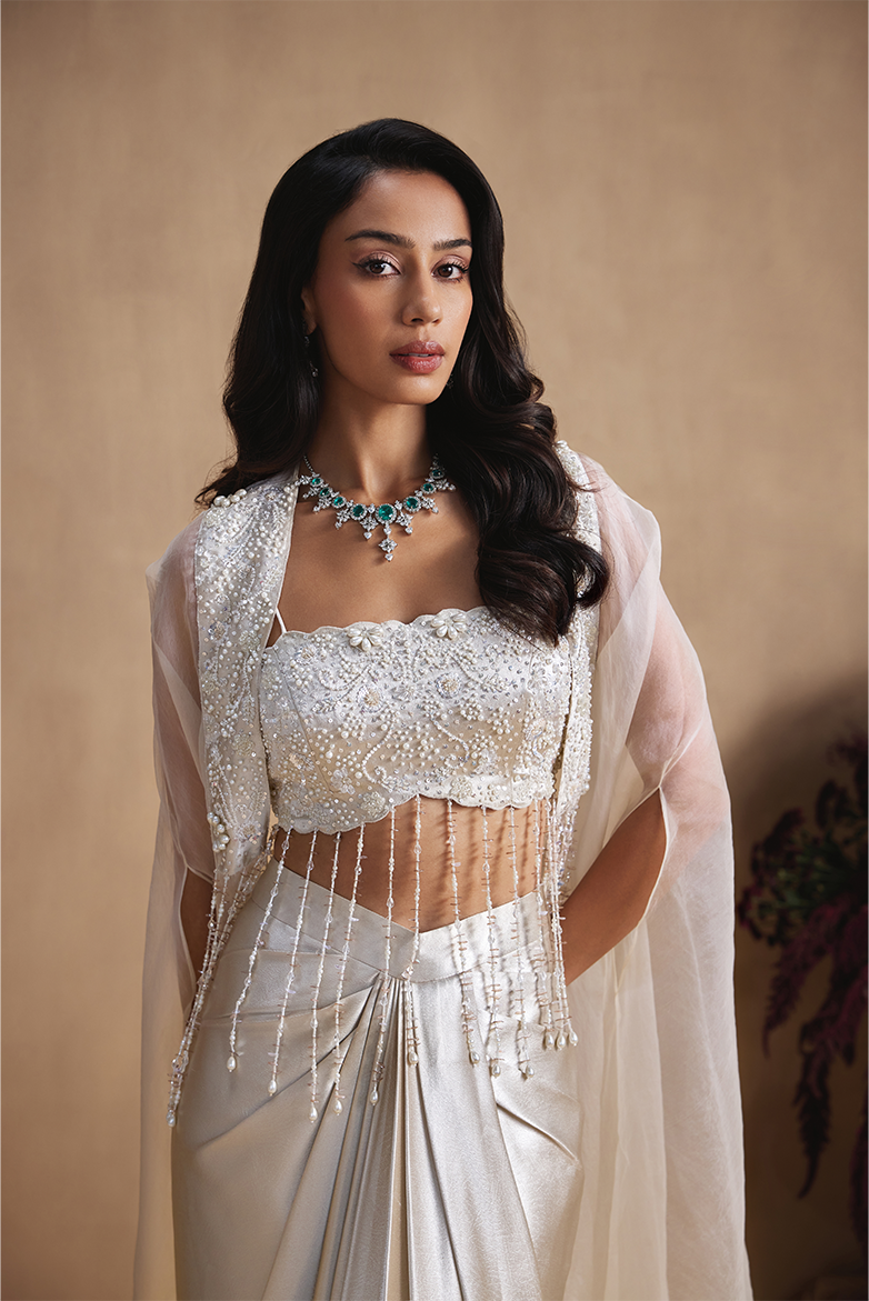 Ivory Pearl Draped Skirt Set