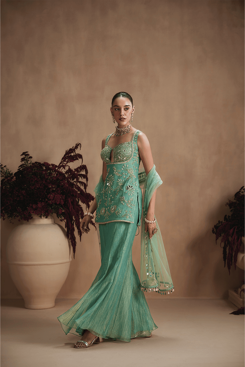 Green Embellished Sharara Set