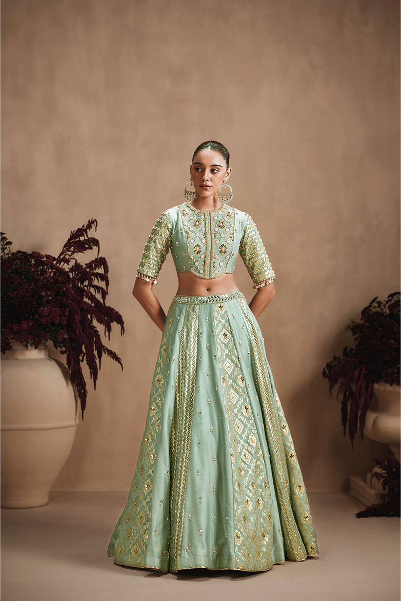 Sage Green Embroidered Lehenga Set with Dupatta