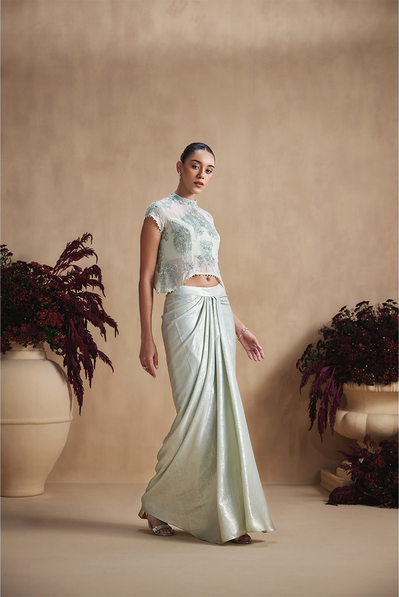 Sage Pearl Draped Skirt Set
