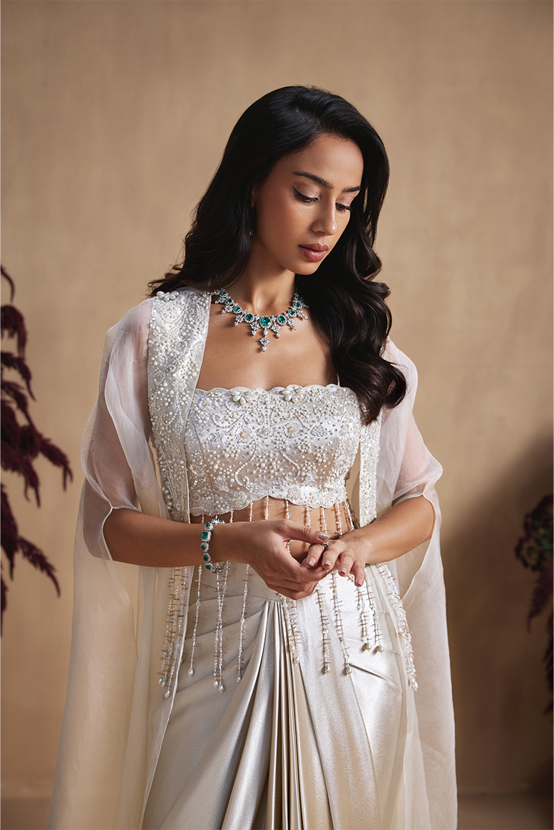 Ivory Pearl Draped Skirt Set