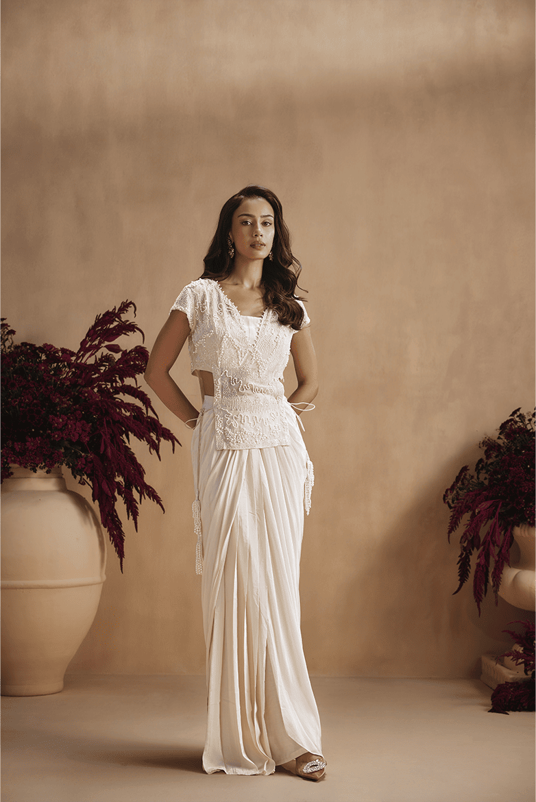Ivory hand embellished Top with draped skirt set