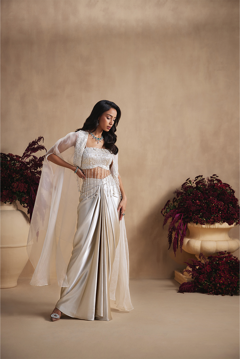 Ivory Pearl Draped Skirt Set