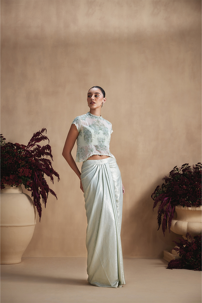 Sage Pearl Draped Skirt Set