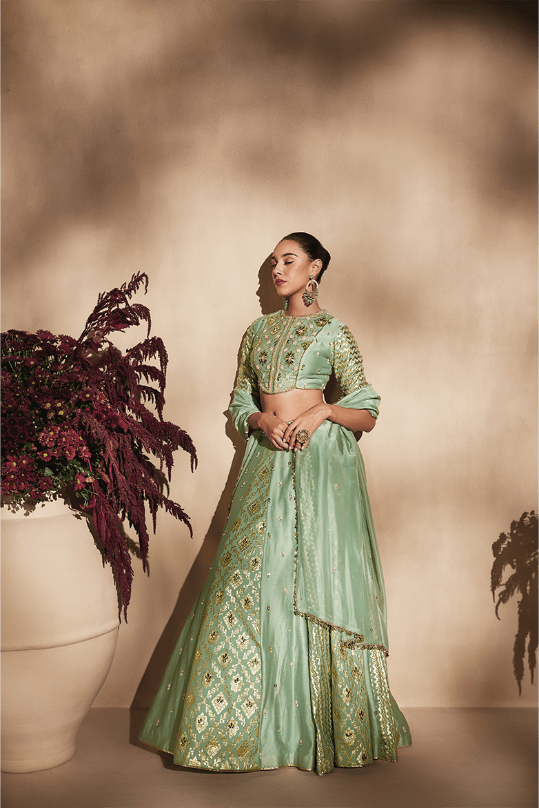Sage Green Embroidered Lehenga Set with Dupatta