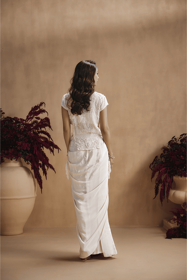 Ivory hand embellished Top with draped skirt set