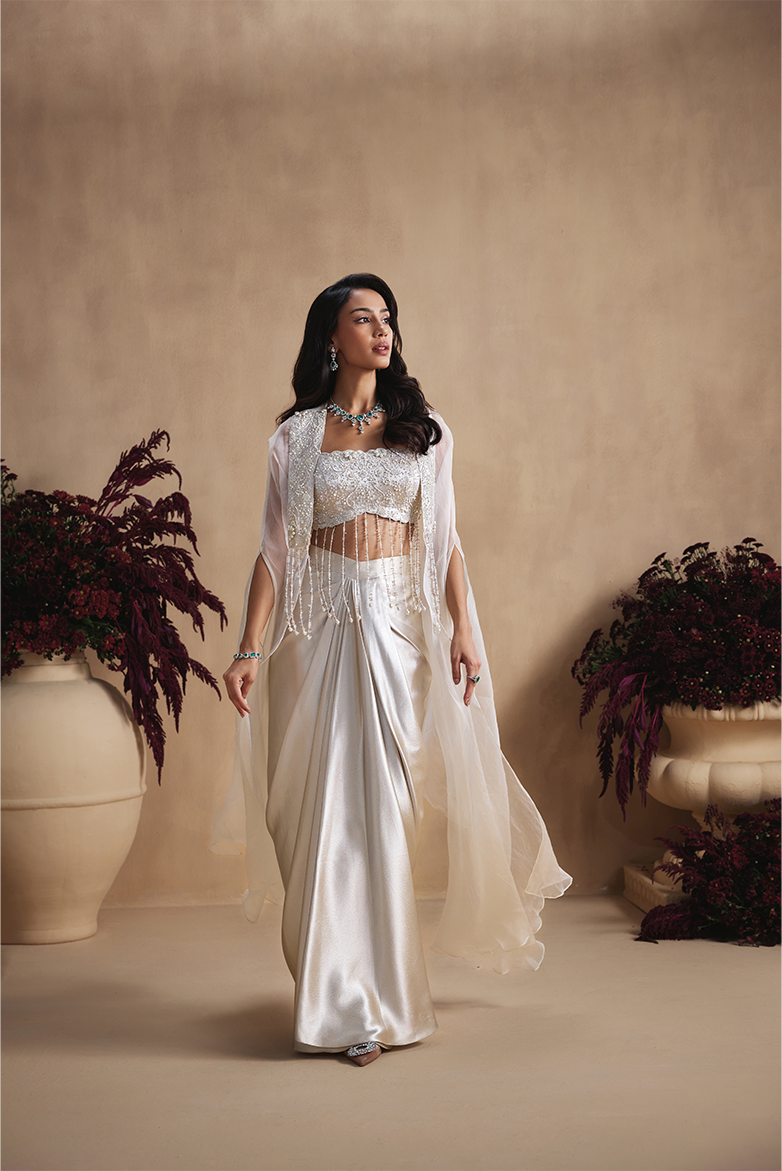 Ivory Pearl Draped Skirt Set