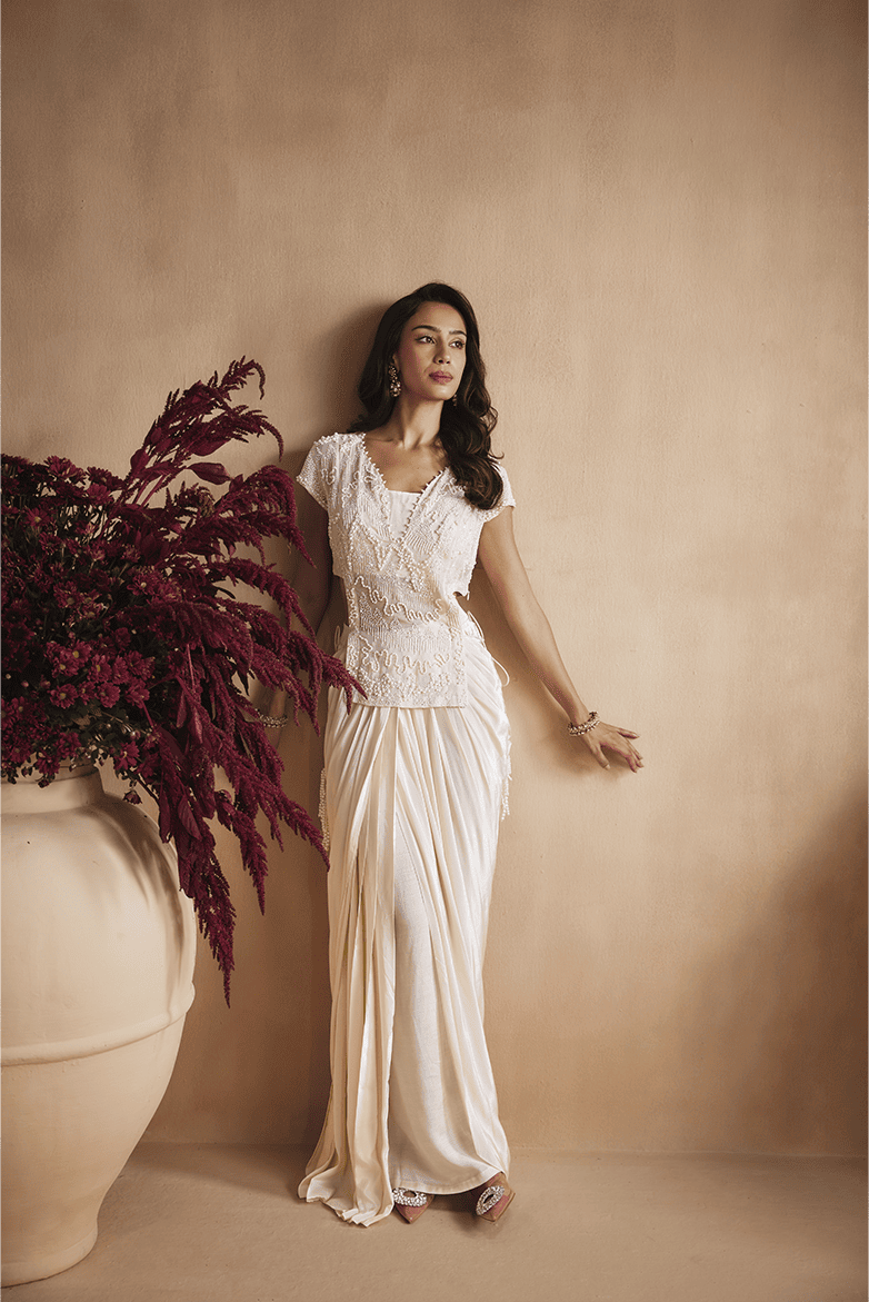 Ivory hand embellished Top with draped skirt set