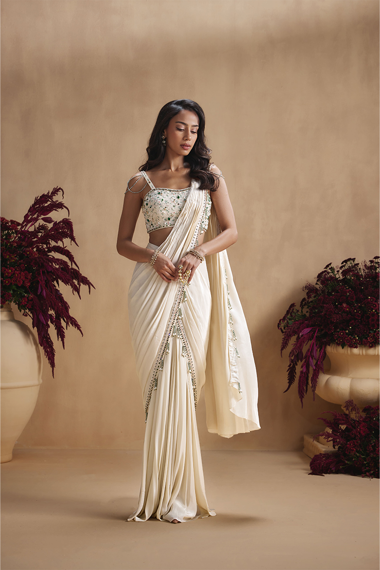 Ivory Emerald Embellished Pre-Draped Saree Set