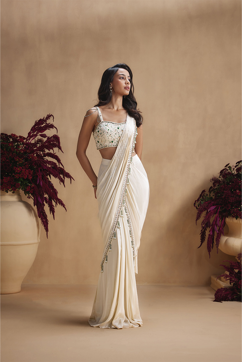 Ivory Emerald Embellished Pre-Draped Saree Set