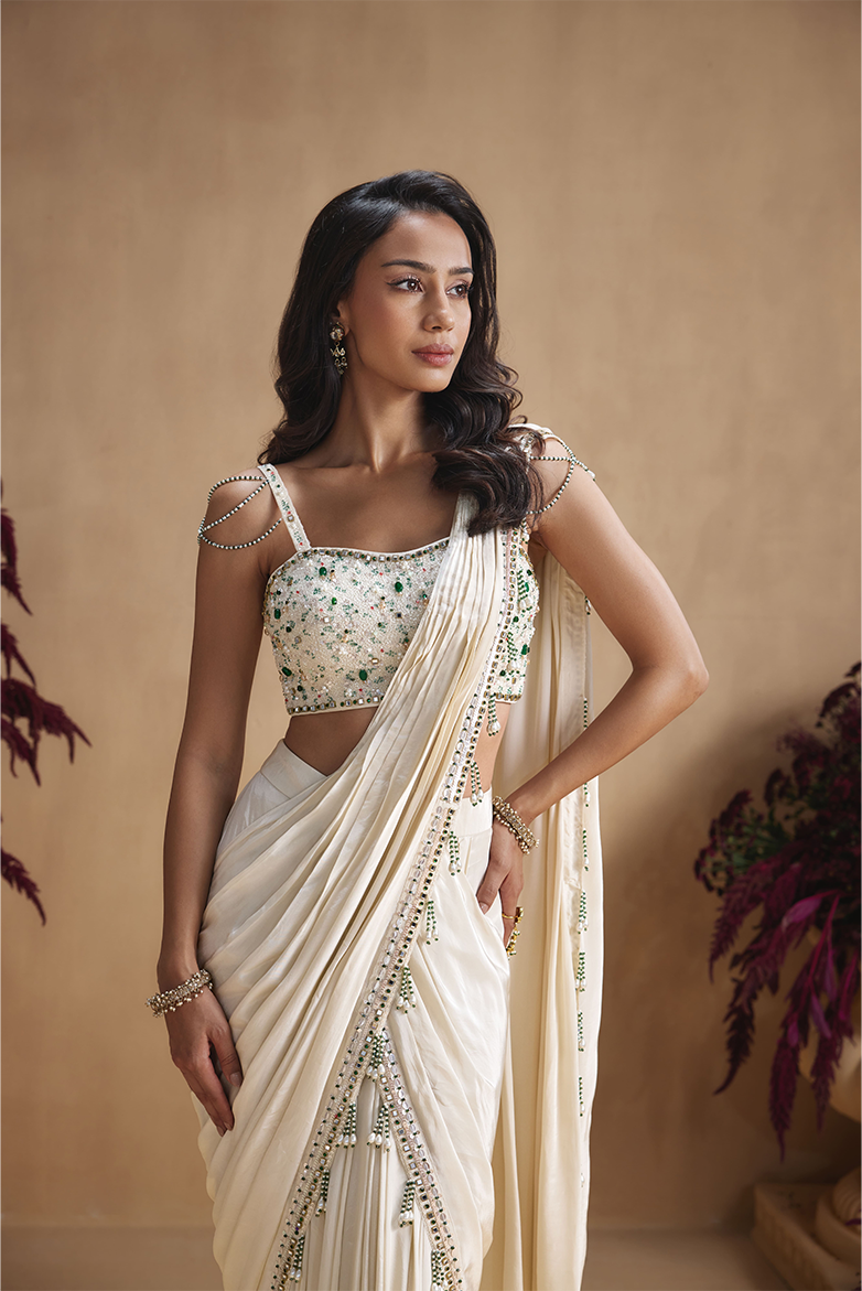 Ivory Emerald Embellished Pre-Draped Saree Set