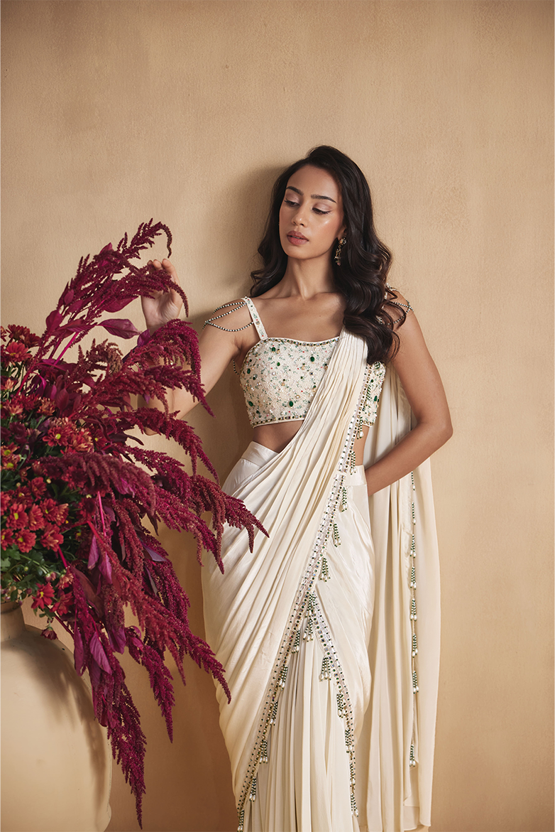 Ivory Emerald Embellished Pre-Draped Saree Set