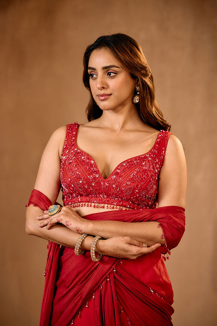 Red draped lehenga saree set