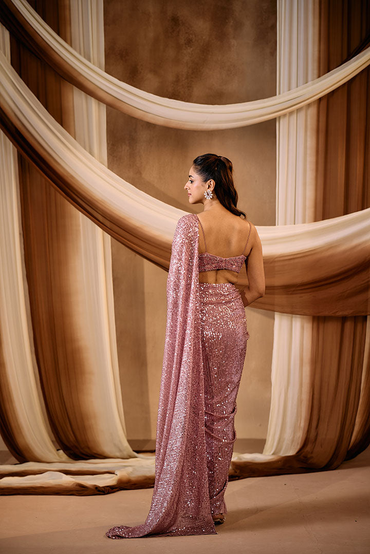 Duksy Rose Sequin pre draped saree with embroidered blouse