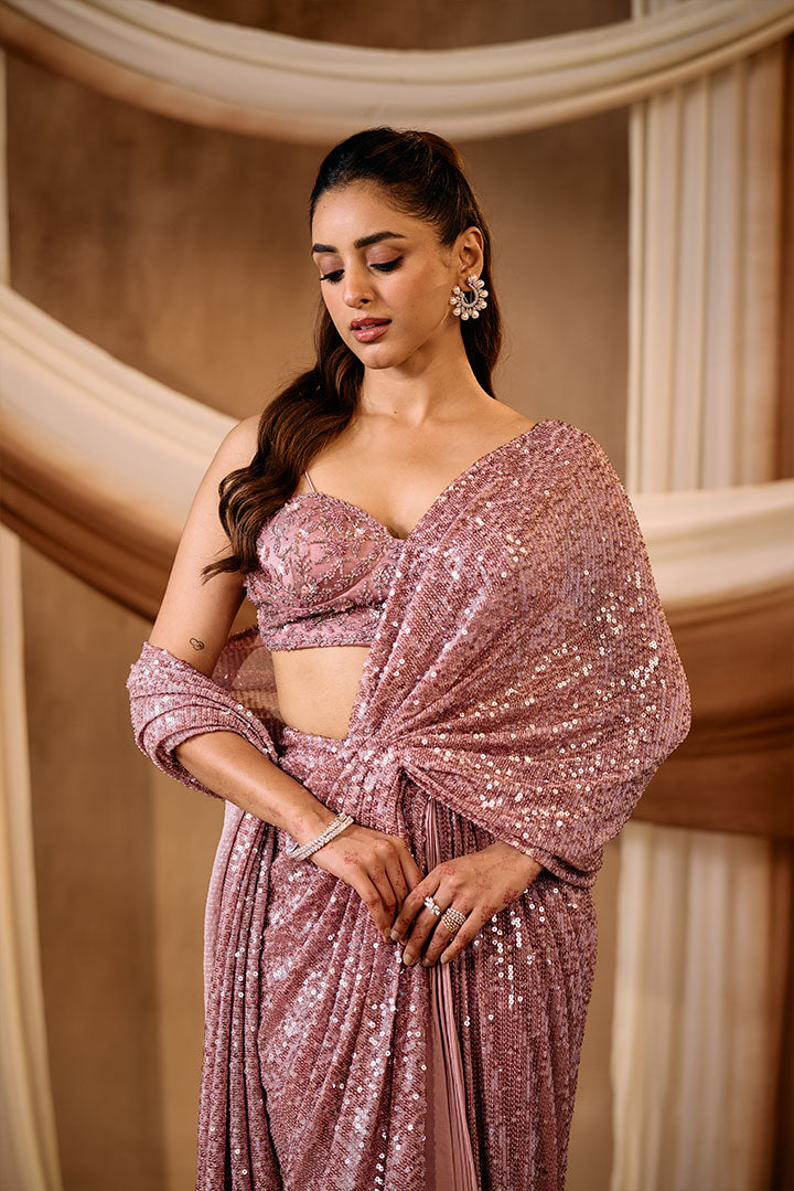 Duksy Rose Sequin pre draped saree with embroidered blouse