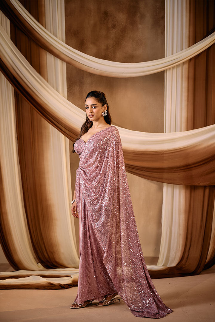 Duksy Rose Sequin pre draped saree with embroidered blouse