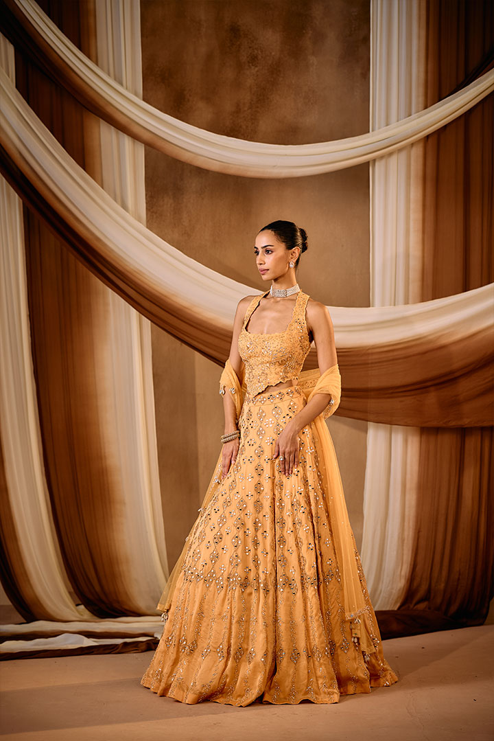 Light Orange Mirror work Lehengas et