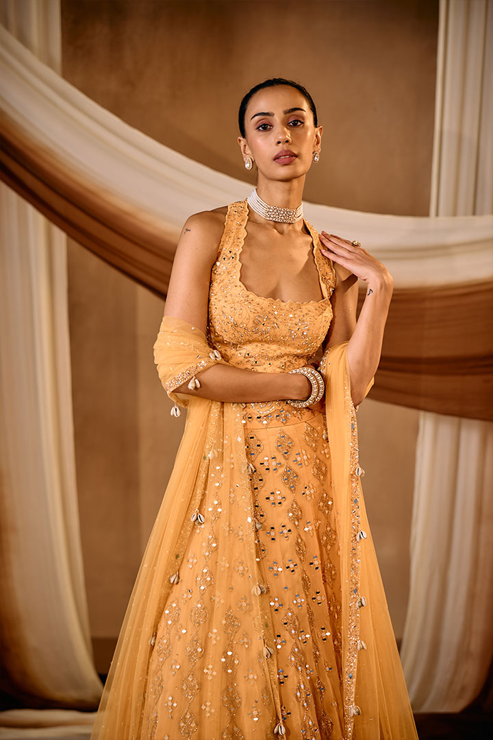 Light Orange Mirror work Lehengas et