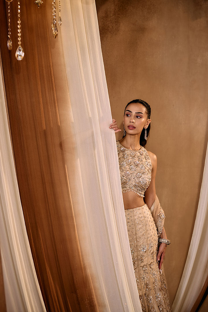GOLD HAND EMBROIDERED FISHCUT LEHENGA SET