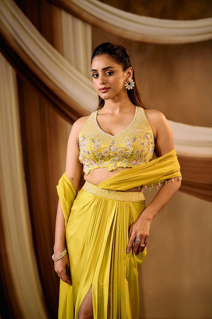 Golden yellow pre draped saree set