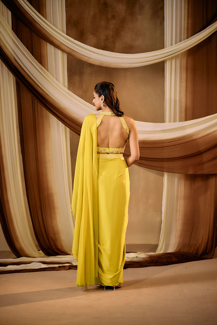 Golden yellow pre draped saree set
