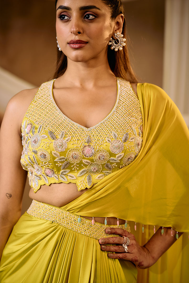 Golden yellow pre draped saree set