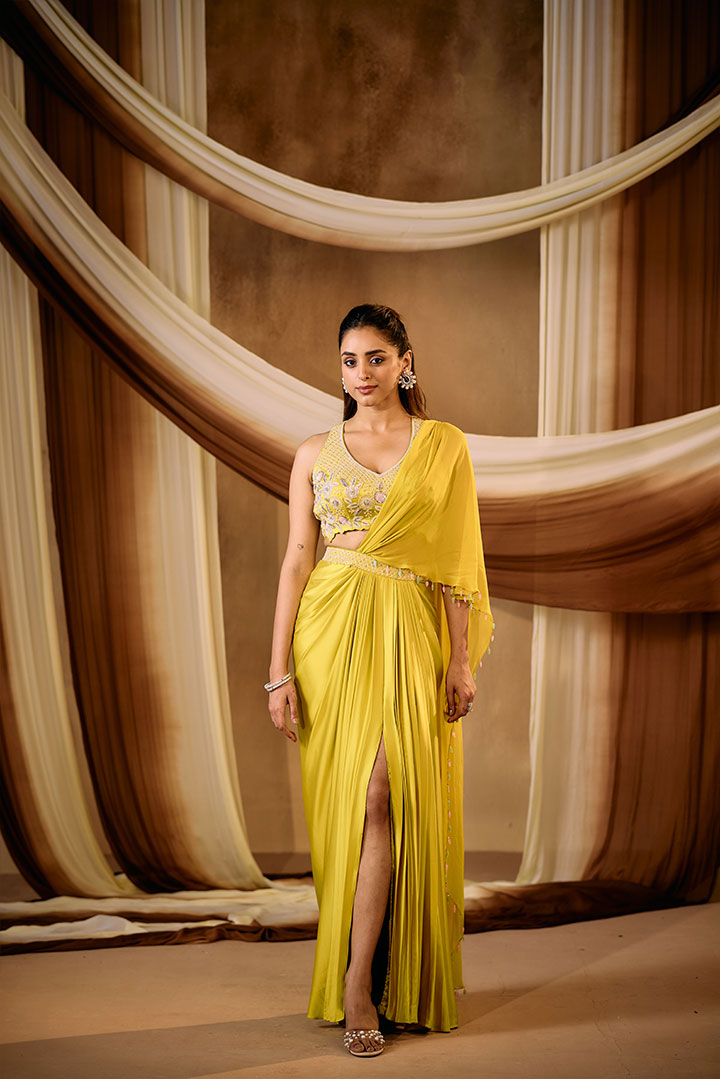 Golden yellow pre draped saree set