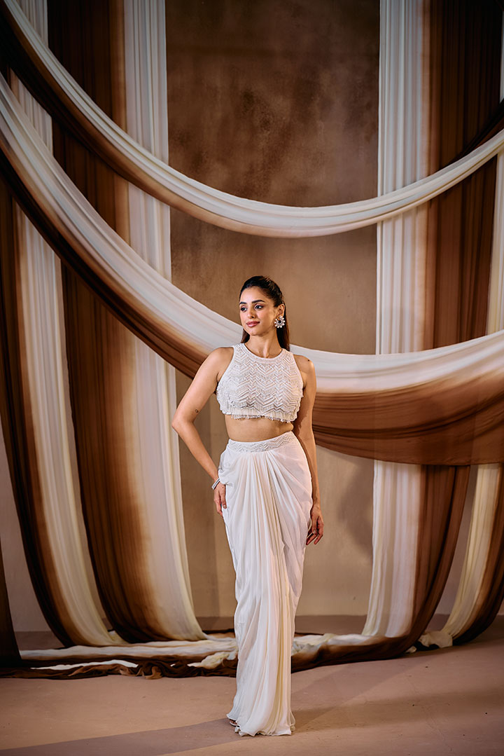 Ivory draped skirt with top and cape