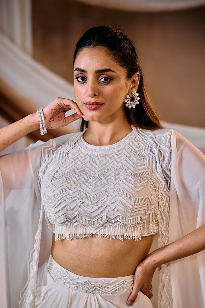 Ivory draped skirt with top and cape